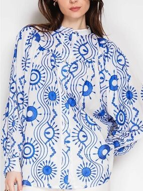 Embroidered Blue & White Long-Sleeve Women’s Top Unique Evil Eye 🧿